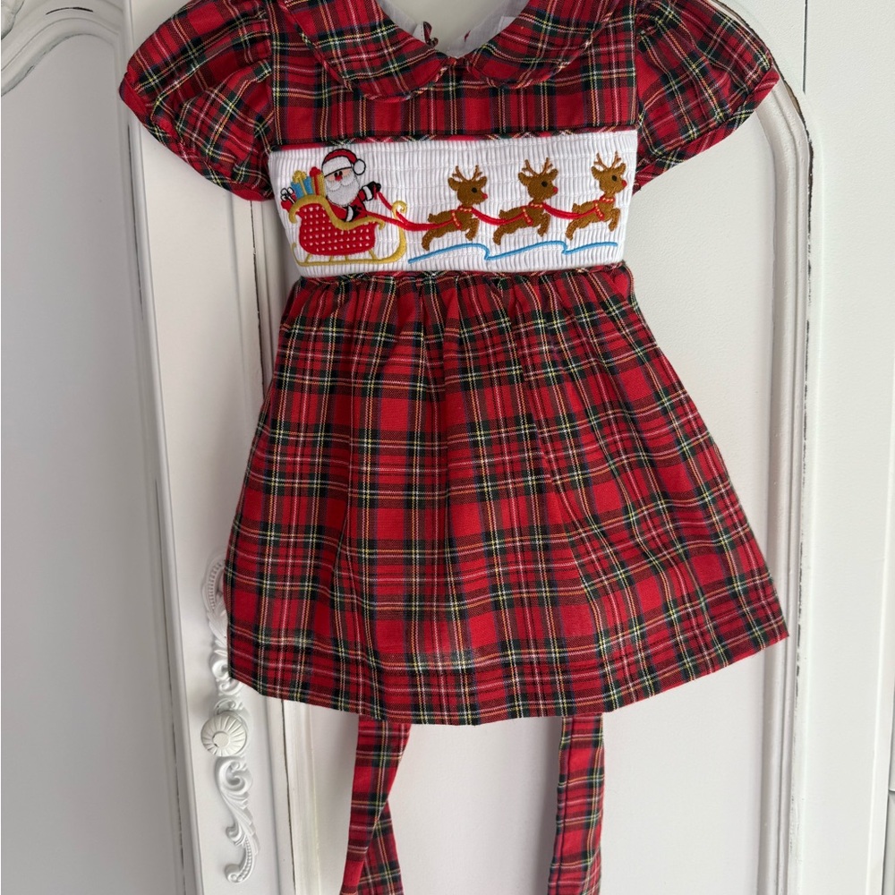 Plaid Smocked Santa and Reindeer Baby Dress NWT Lil Cactus Christmas